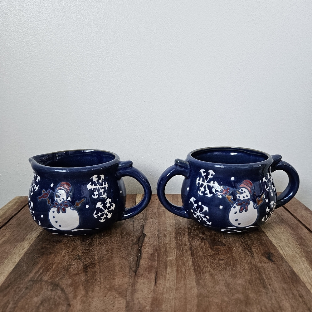 Hermitage Pottery Holidays Snowman Snowflakes Cobalt Blue Creamer and Sugar Set